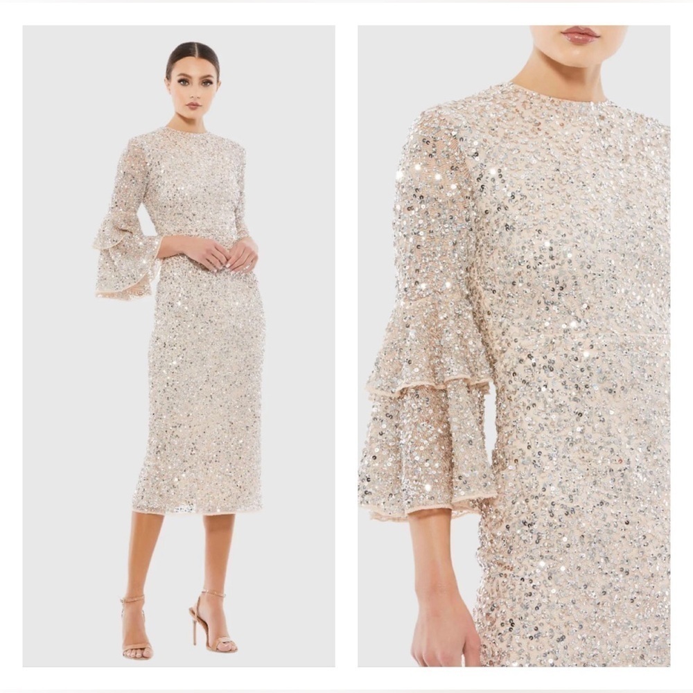 Mac Duggal 10802 NWT Fully Sequined Ruffle Tiered 3/4 Sleeve Midi Dress